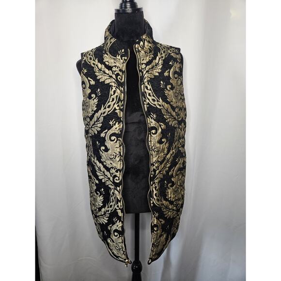 Chico's Reversible Jacquard Vest Gold/Black Zip Front Soft Velvet Inside Large - Picture 2 of 5